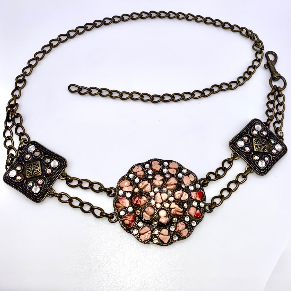 Vintage Mod 90s Brass 3 Medallions w/ Coral & Aurora Borealis Adj Chain Belt 39”